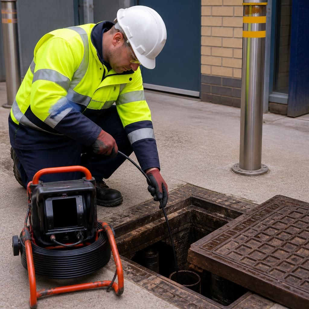 Drainage engineer inspecting a commercial inspection chamber with maintenance equipment