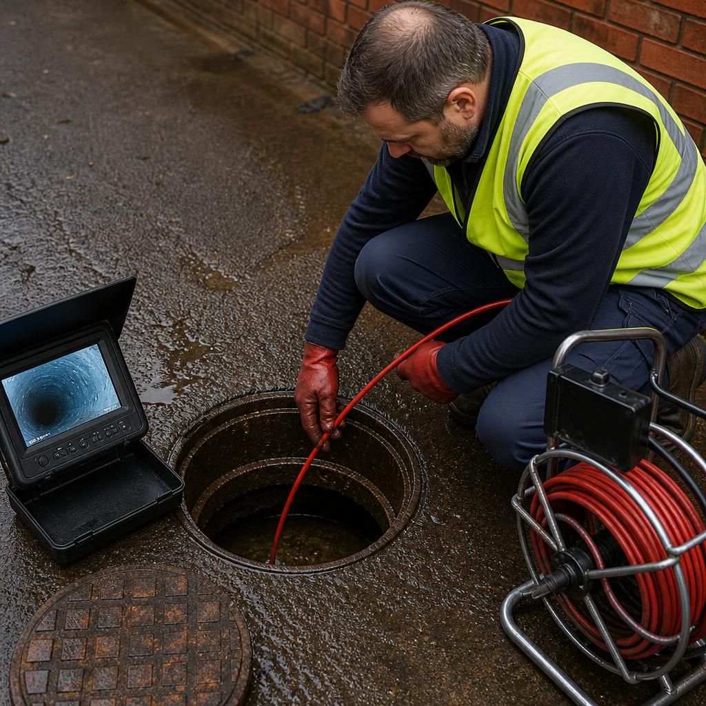 Engineer inspecting a commercial drain through an open manhole