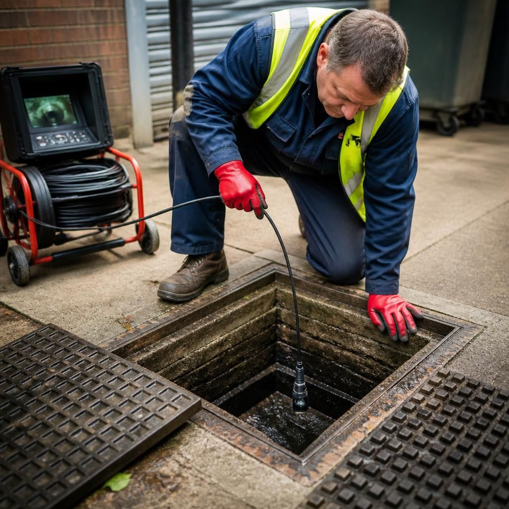 Plumbing technician inspecting an open commercial drain chamber with a camera