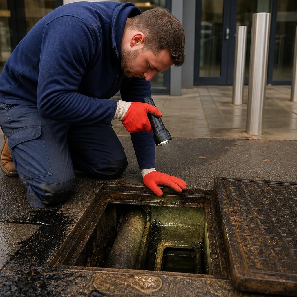 Technician inspecting a commercial drainage access chamber with the cover removed