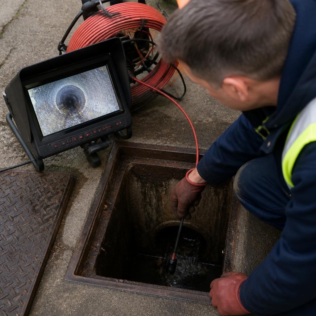 Technician inspecting a commercial drain through an access chamber with CCTV equipment