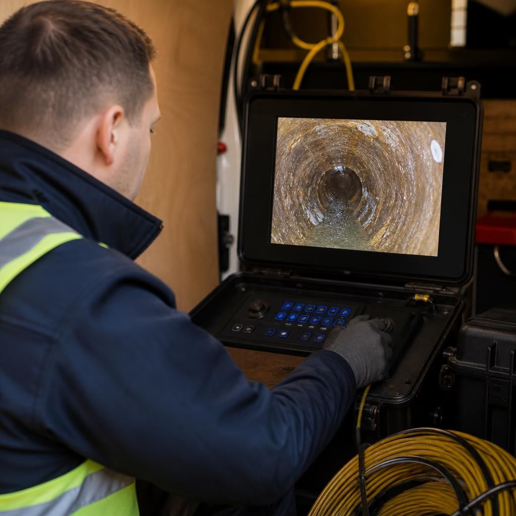 Technician reviewing commercial drain inspection footage on a monitor