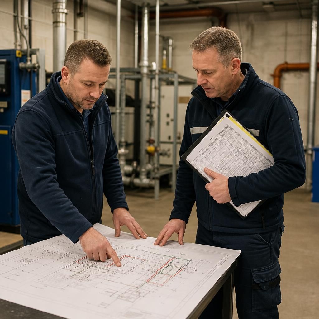 Drainage plans and maintenance records being reviewed at a commercial premises