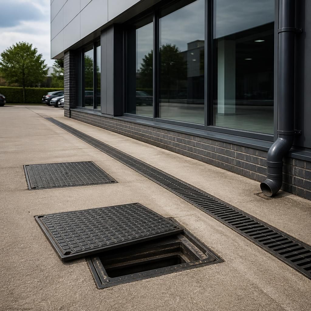 Commercial building with exterior drainage channels and inspection covers