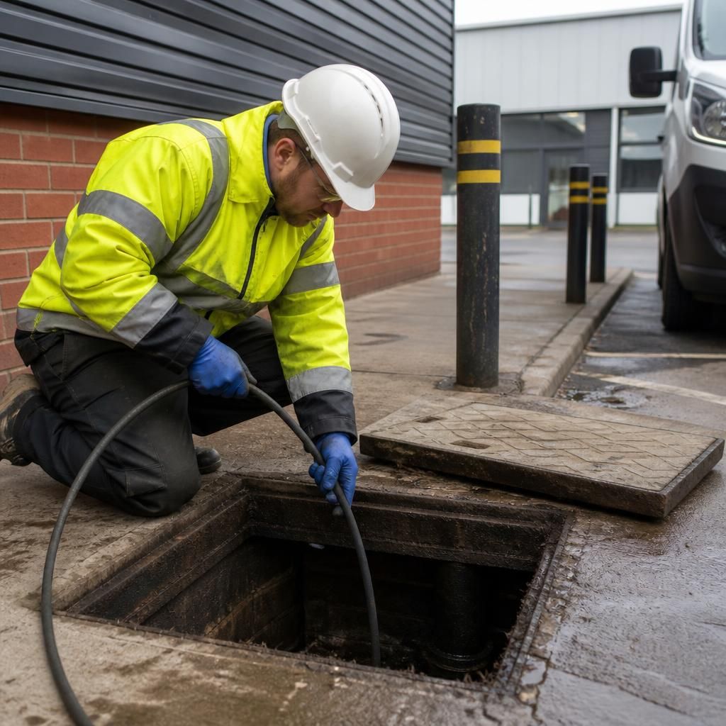 Drainage engineer inspecting a commercial drain chamber beside a business premises