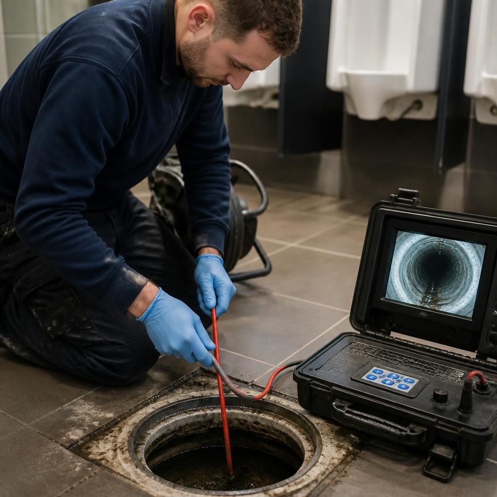 Plumber inspecting a commercial drainage pipe with a CCTV camera