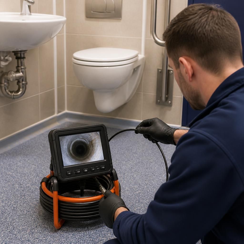 Plumber using a drain camera to inspect commercial toilet pipework