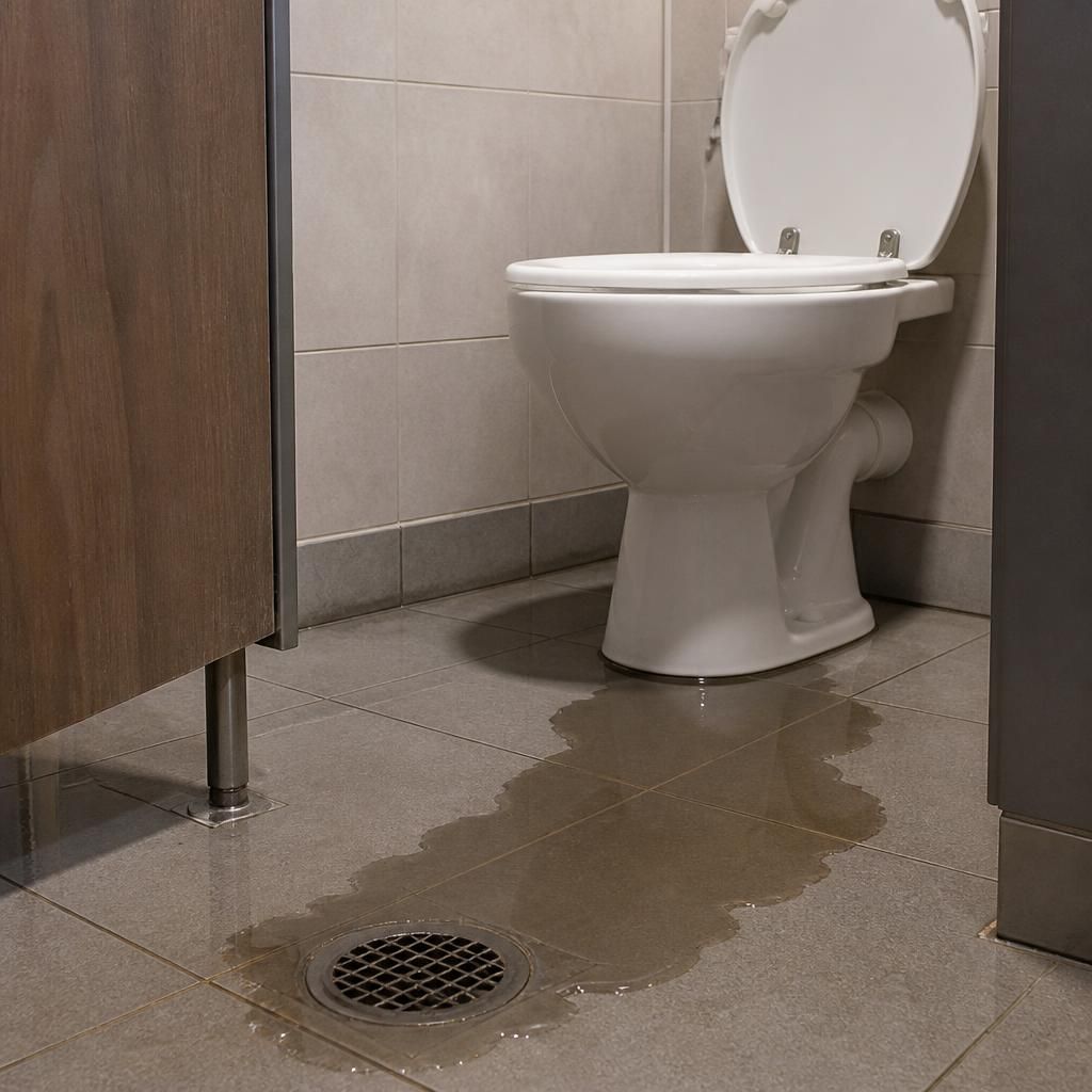 Commercial washroom toilet beside a floor drain with standing wastewater