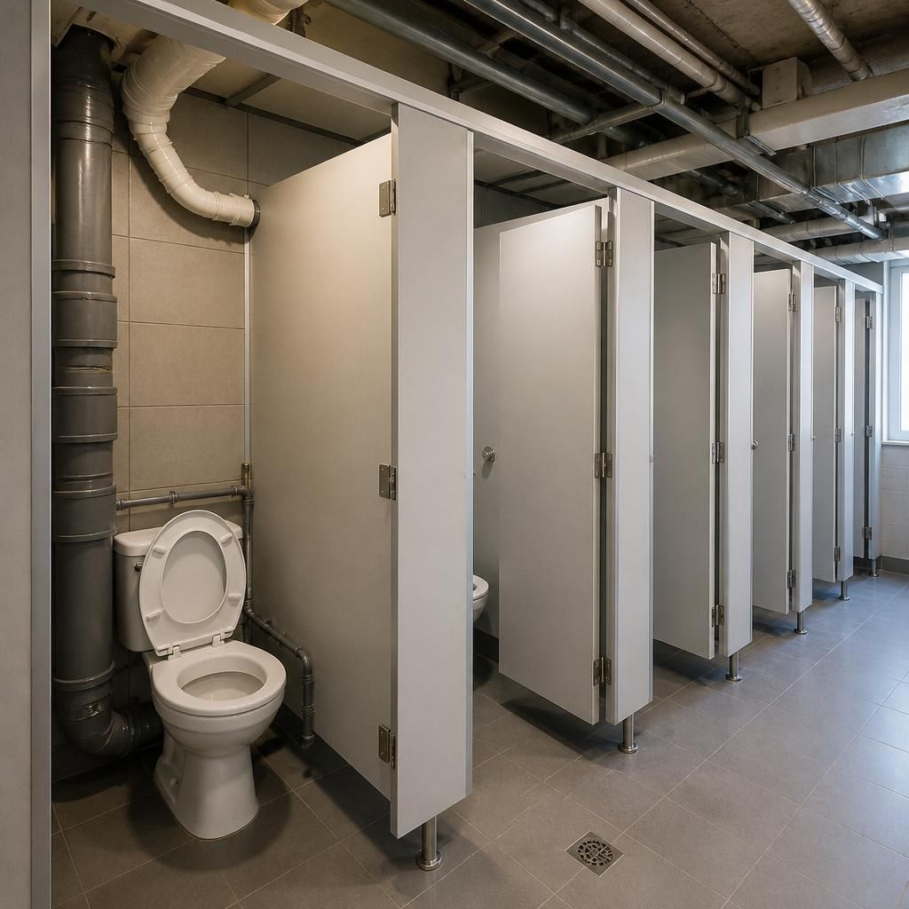 Multiple toilet cubicles in a commercial premises with exposed drainage pipework
