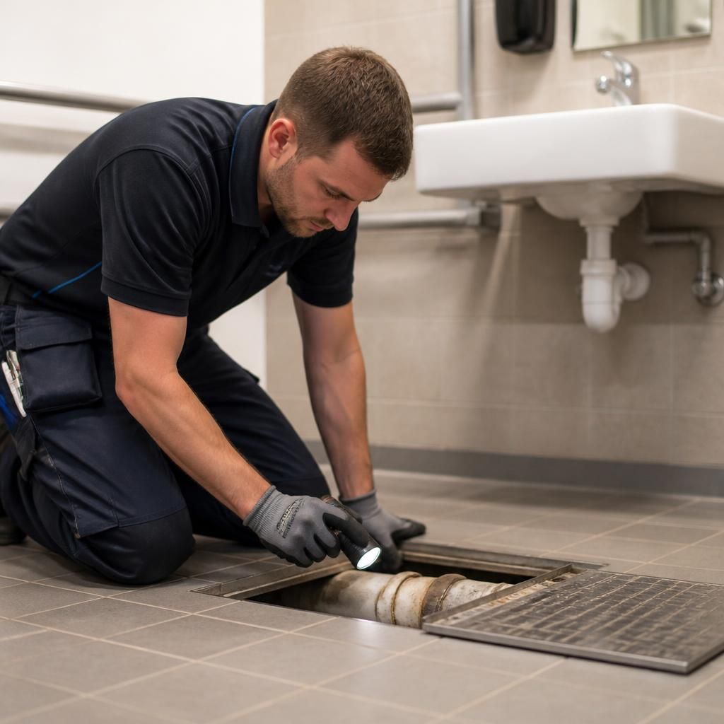 Engineer inspecting a commercial toilet drainage pipe through an access point