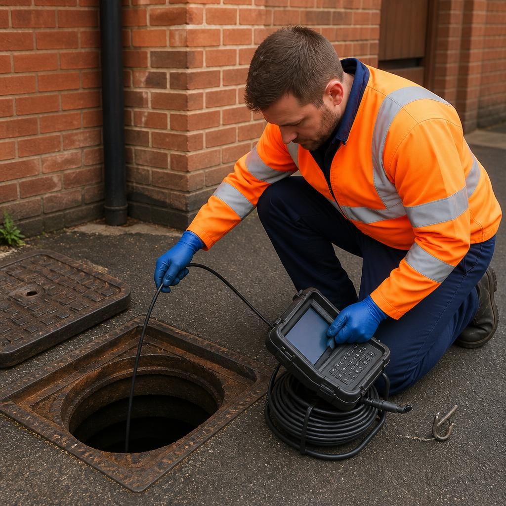 Engineer inspecting a commercial drain through an access chamber