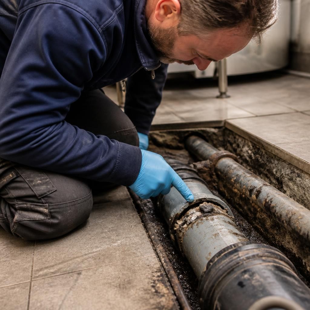Plumber examining an exposed commercial drainage pipe and damaged joint