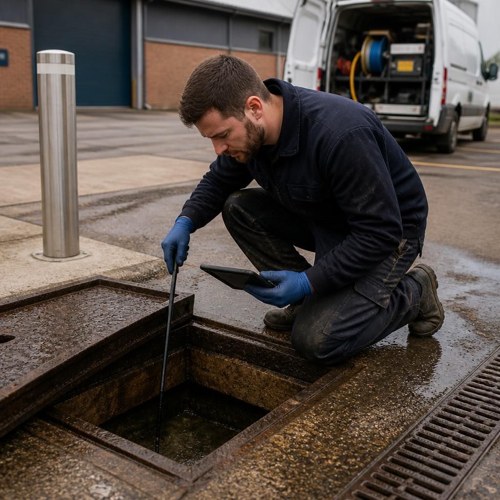 Technician inspecting a commercial drain through an open inspection chamber