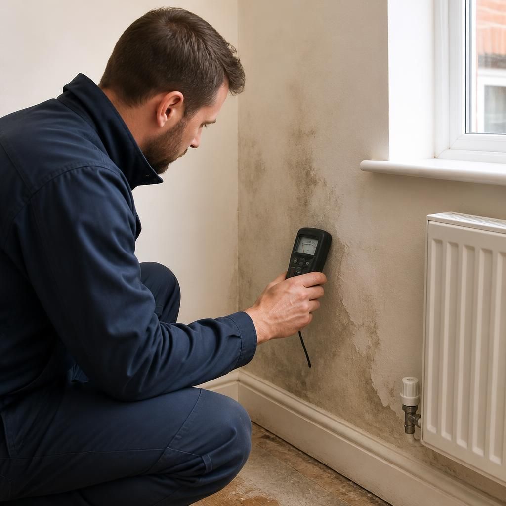 Engineer using a moisture meter beside a damp wall during a leak inspection
