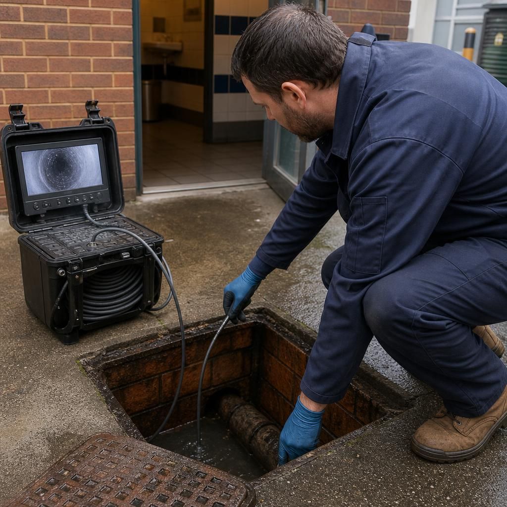 Drainage specialist inspecting a commercial drain chamber with CCTV equipment