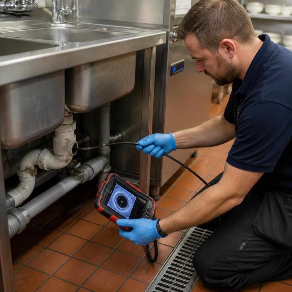 Commercial kitchen sink and drainage area requiring routine maintenance