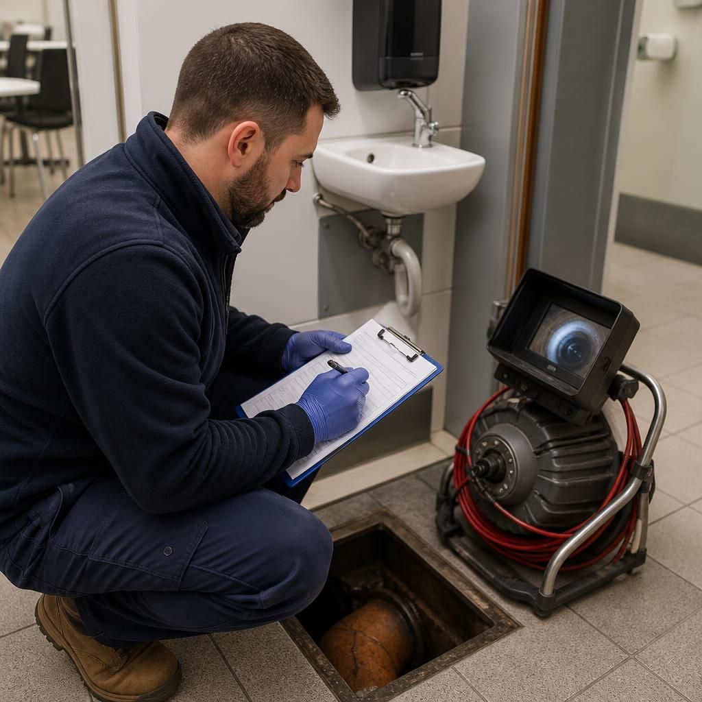 Plumber documenting findings during commercial drainage maintenance