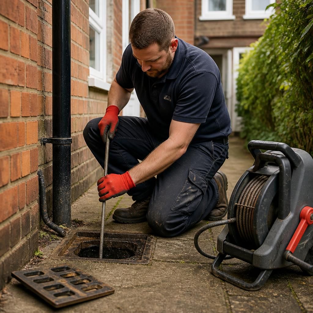 Plumber using a drain rod beside an outdoor drain at a rented property