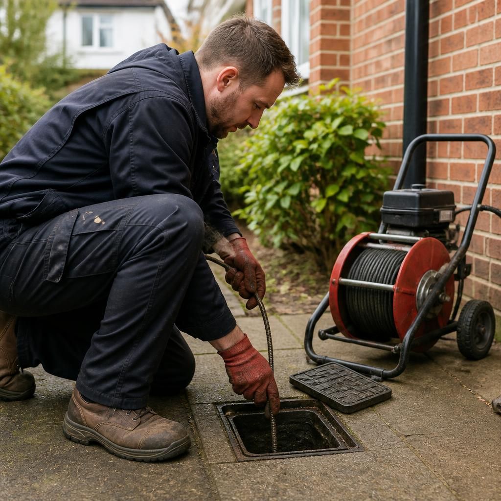 Plumber inspecting an outdoor drain with professional cleaning equipment