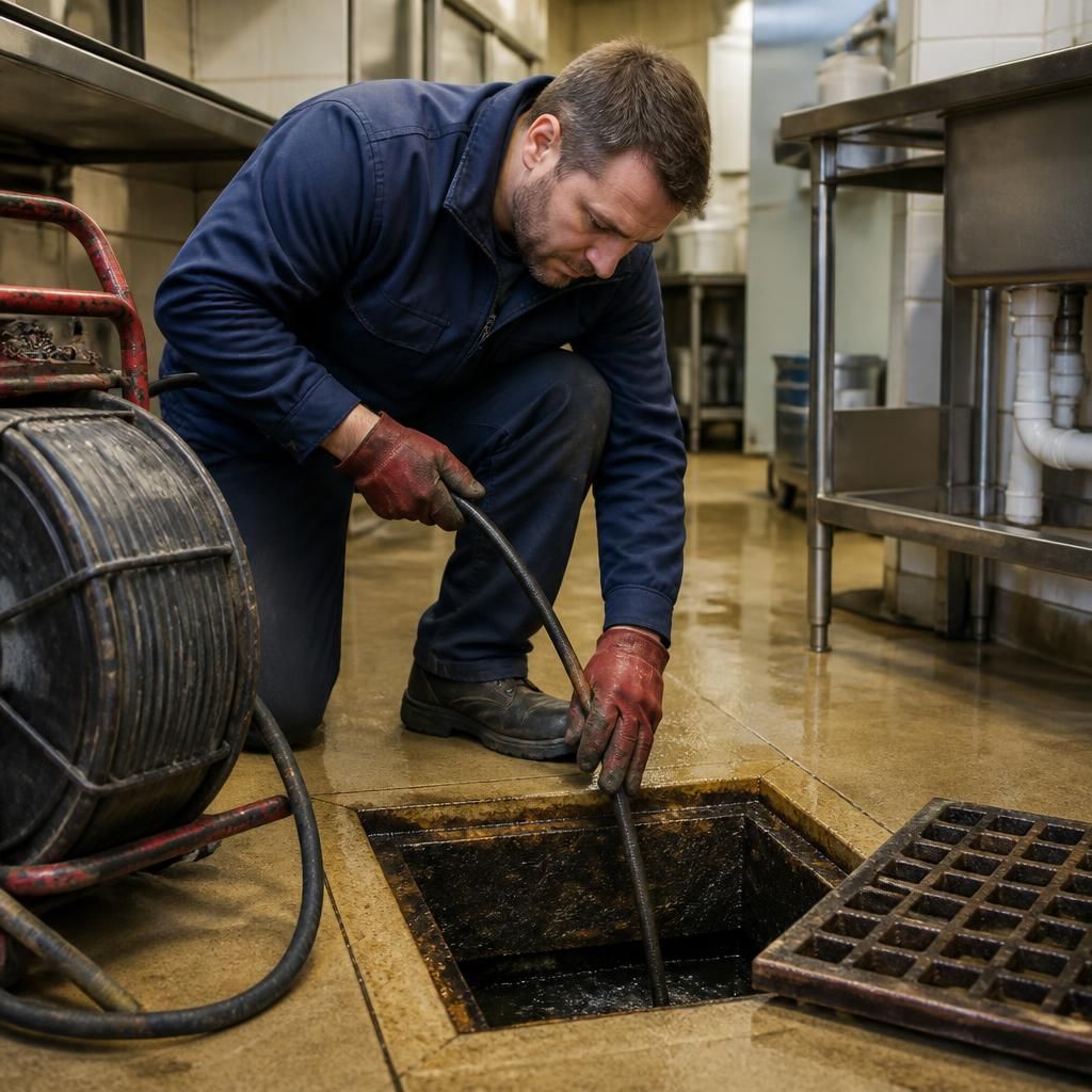 Plumber inspecting a commercial drainage pipe beneath a business premises