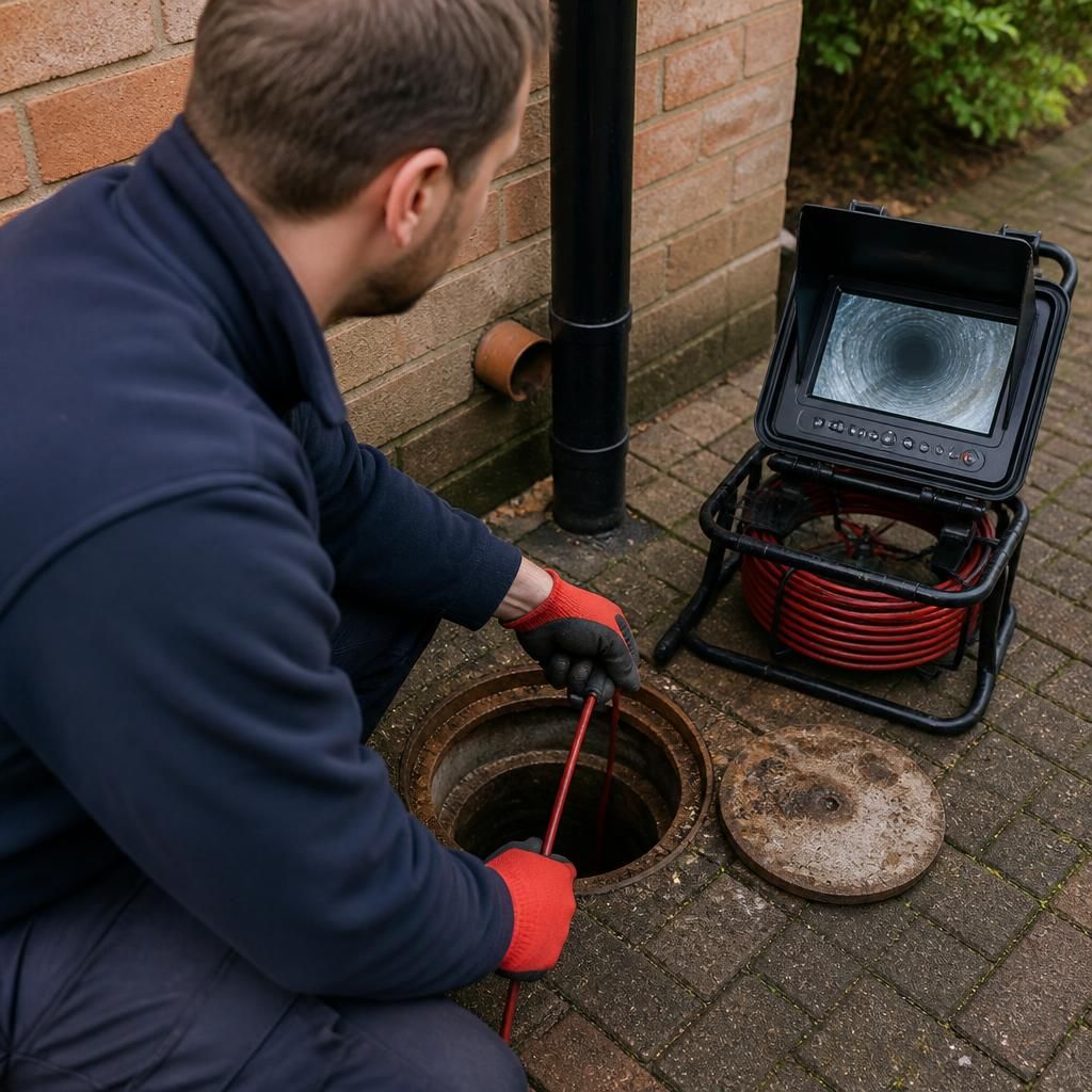 Plumber inspecting a drainage pipe with a camera