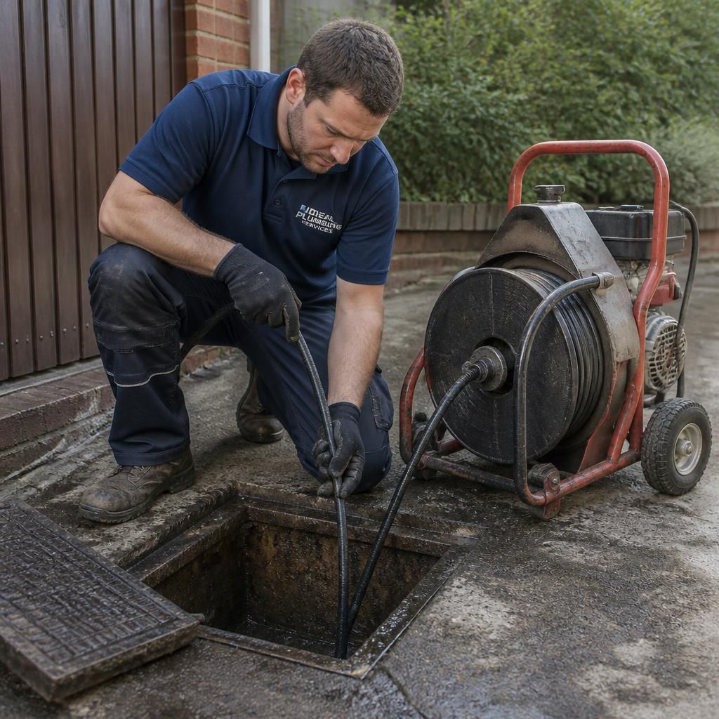 Plumber using a drain cleaning machine beside an outdoor inspection chamber
