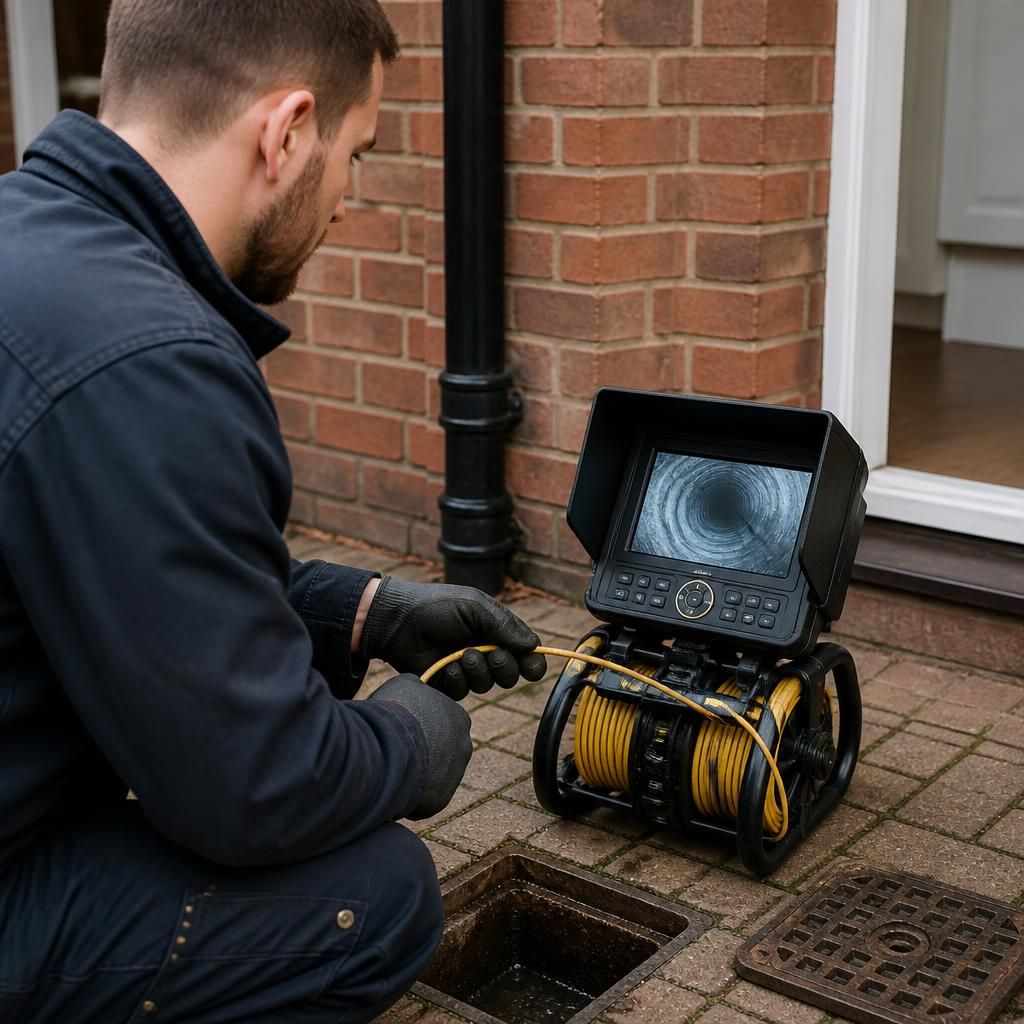 Plumber using a CCTV camera to inspect a residential drain pipe
