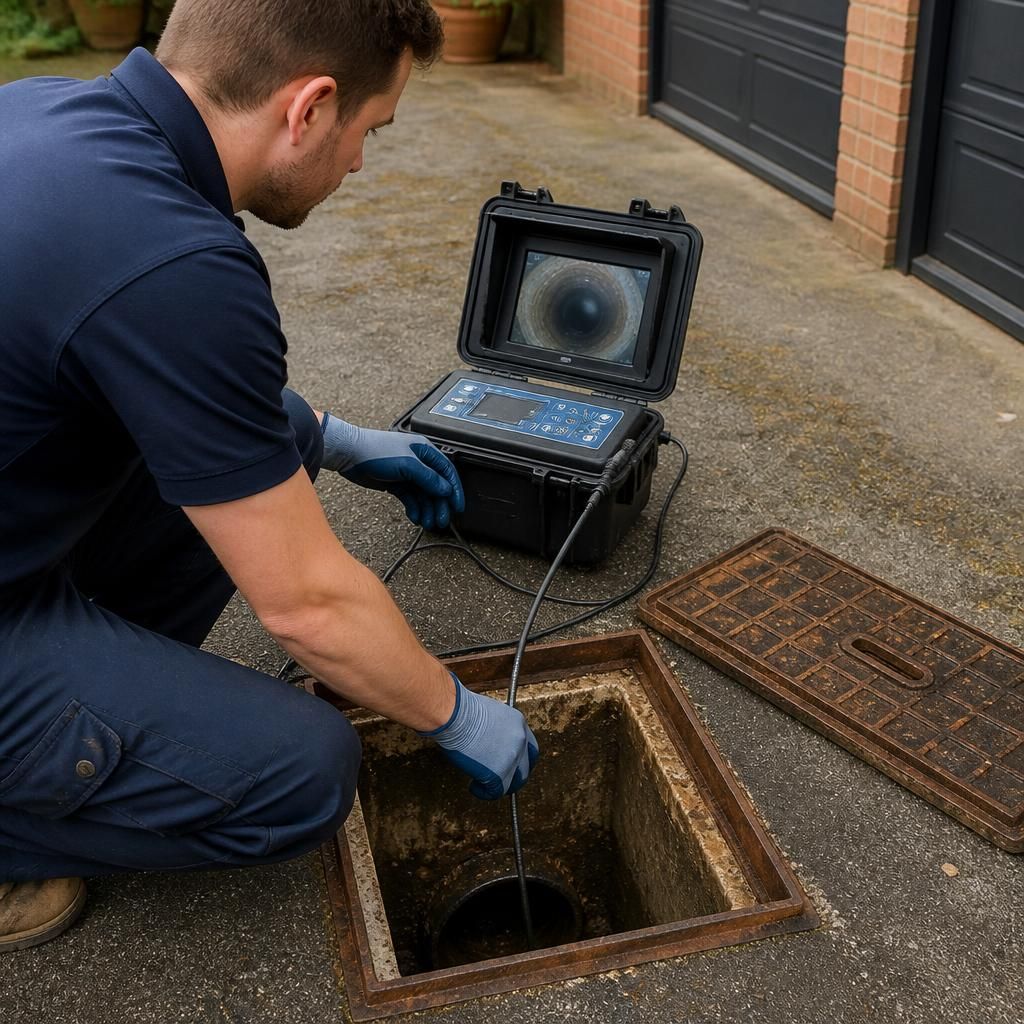 Plumber examining an open drain inspection chamber with camera equipment
