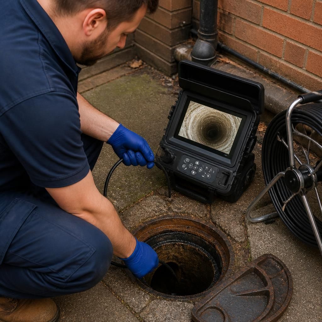 Plumber guiding a CCTV camera through a drain access point