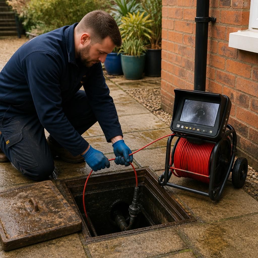 Engineer guiding a CCTV camera through a residential drain access chamber