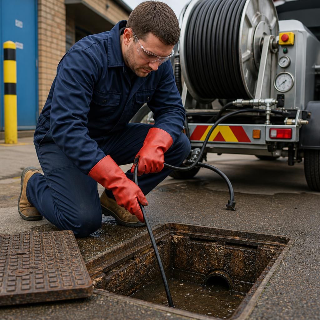 Technician directing a drain jetting hose into a commercial inspection chamber