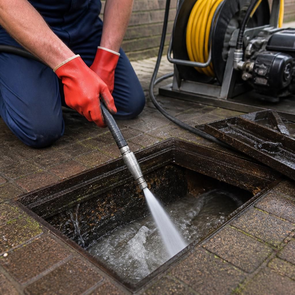 High-pressure water jetting equipment cleaning a residential drain