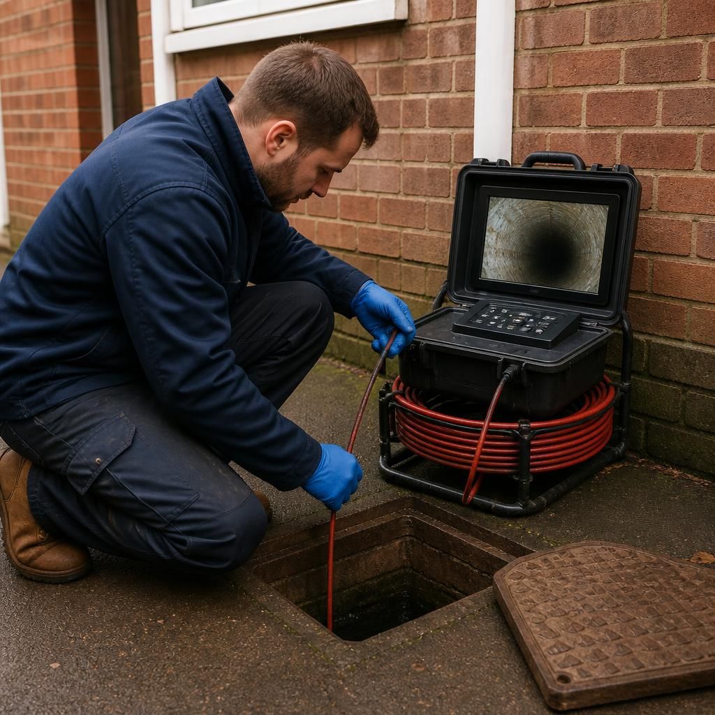 Drainage engineer using a CCTV camera to inspect an older residential pipe
