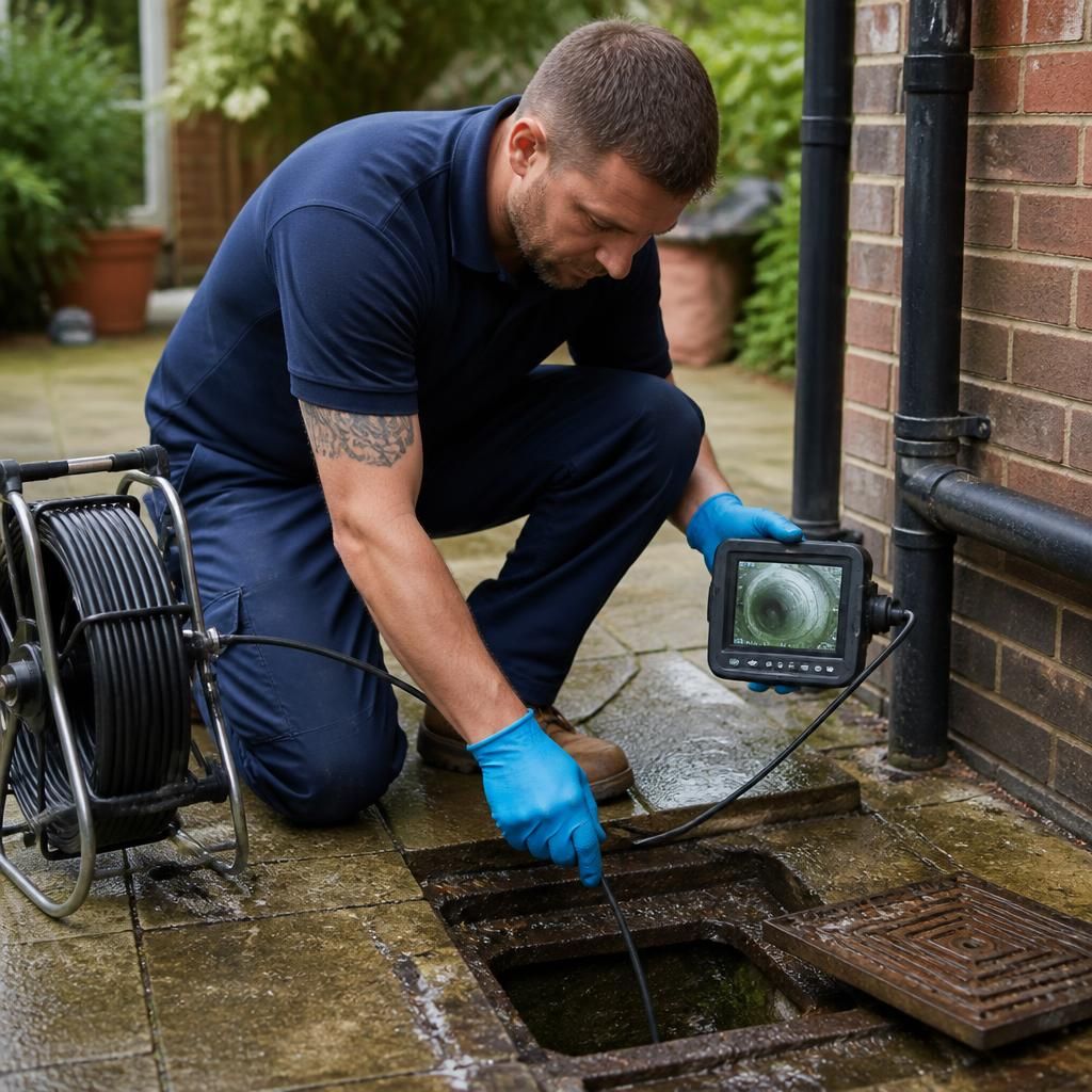 Plumber inspecting an open drain with a camera inspection tool
