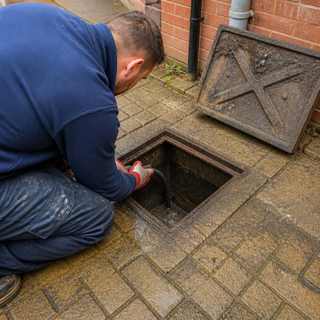 Plumber inspecting an underground drain through an open inspection chamber