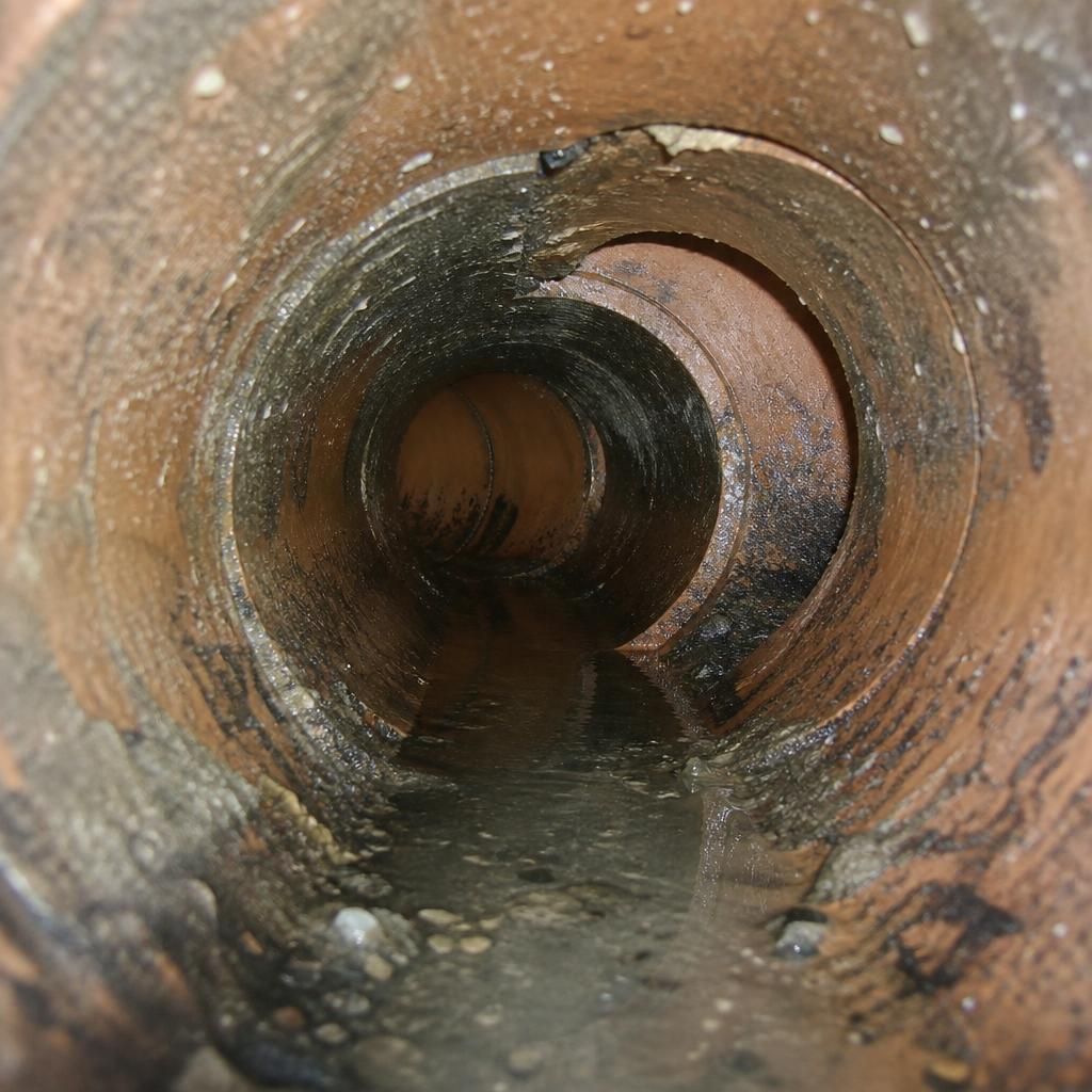 Camera inspection showing a displaced joint in an older clay drainage pipe