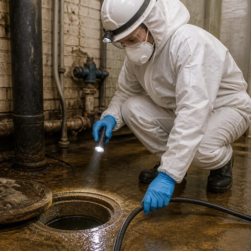 Technician in protective clothing inspecting a sewage-affected drain