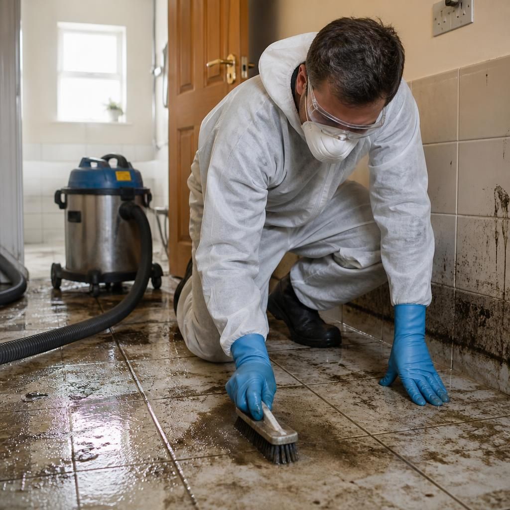 Technician in protective clothing cleaning a sewage-affected tiled floor