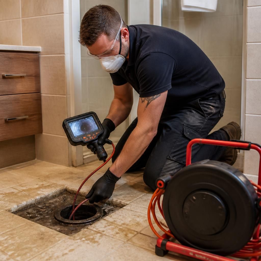Plumber inspecting a sewage drain with a camera and protective equipment
