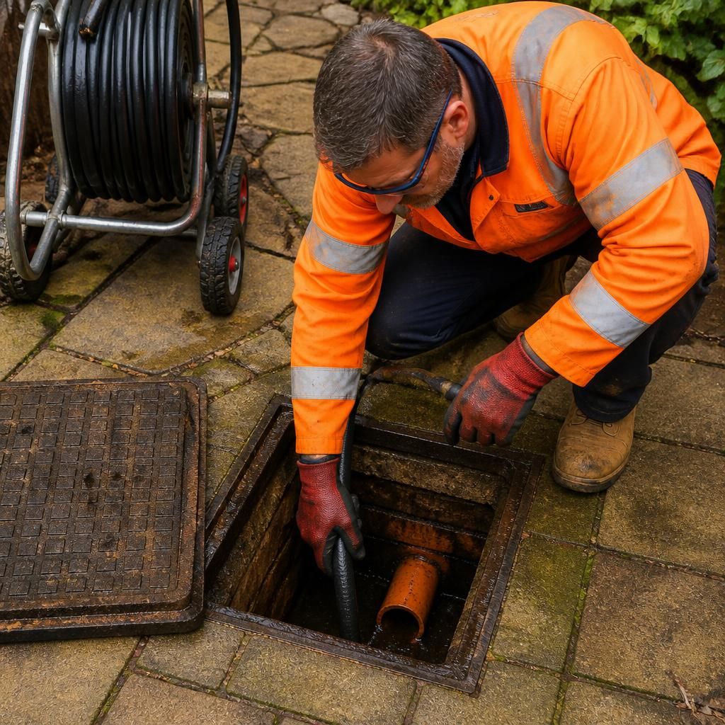 Plumber inspecting a sewage drain through an open inspection chamber