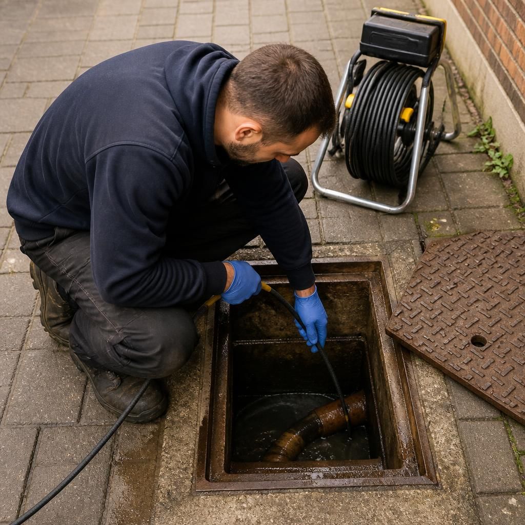 Technician inspecting an underground sewage pipe through an open inspection chamber