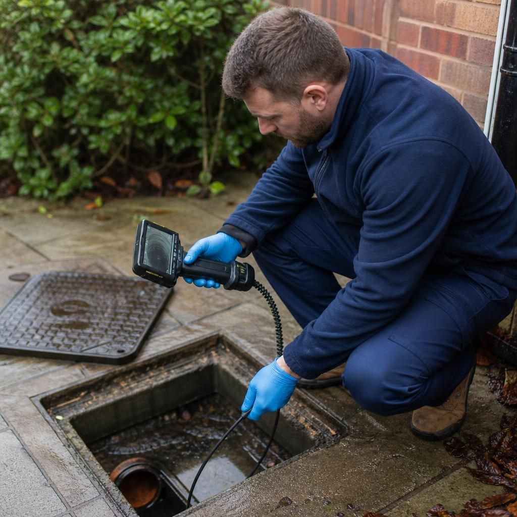 Plumber inspecting a drain inspection chamber with a camera and protective equipment
