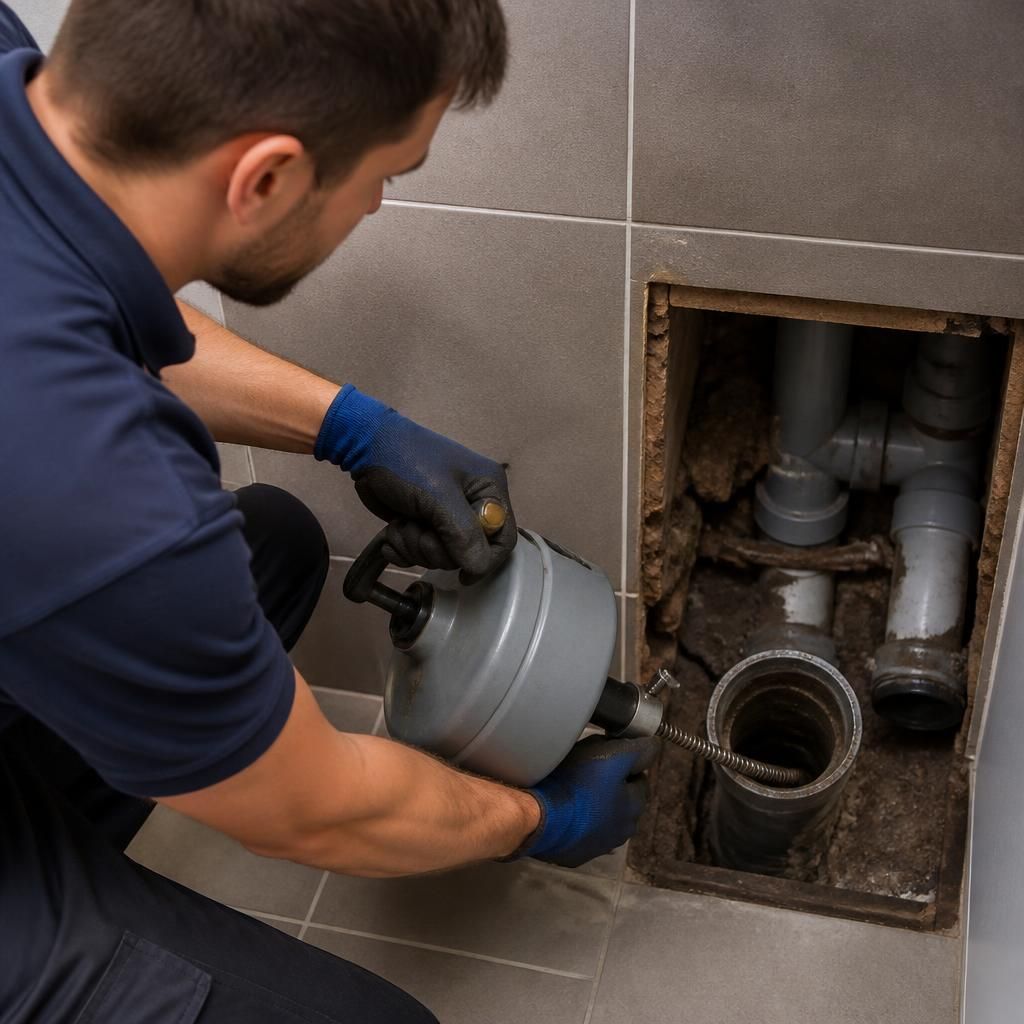 Plumber using a hand auger to clear a blocked drain pipe