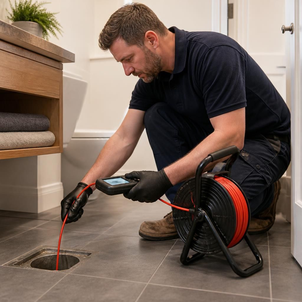 Plumber inspecting a residential drain before cleaning