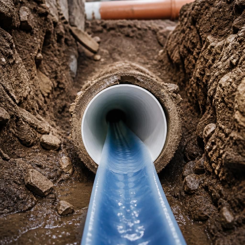 Resin liner being installed inside a damaged underground drain pipe
