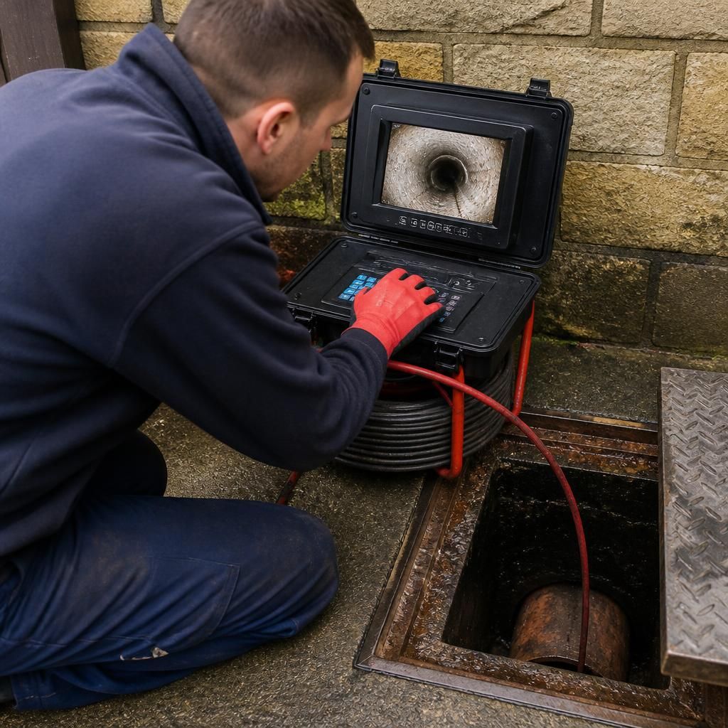 Plumber inspecting a drain inspection camera monitor beside an underground pipe
