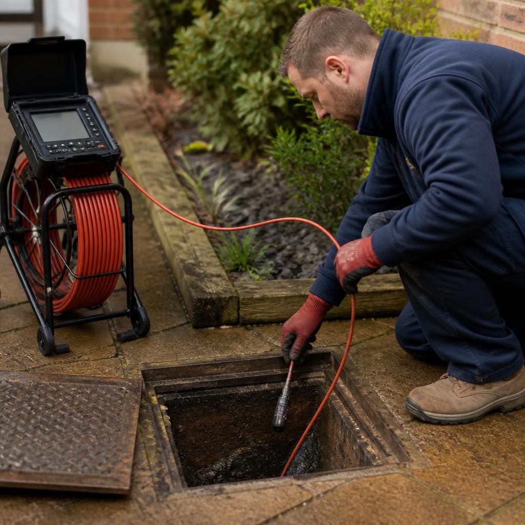 Technician guiding a CCTV camera through an underground drain inspection chamber