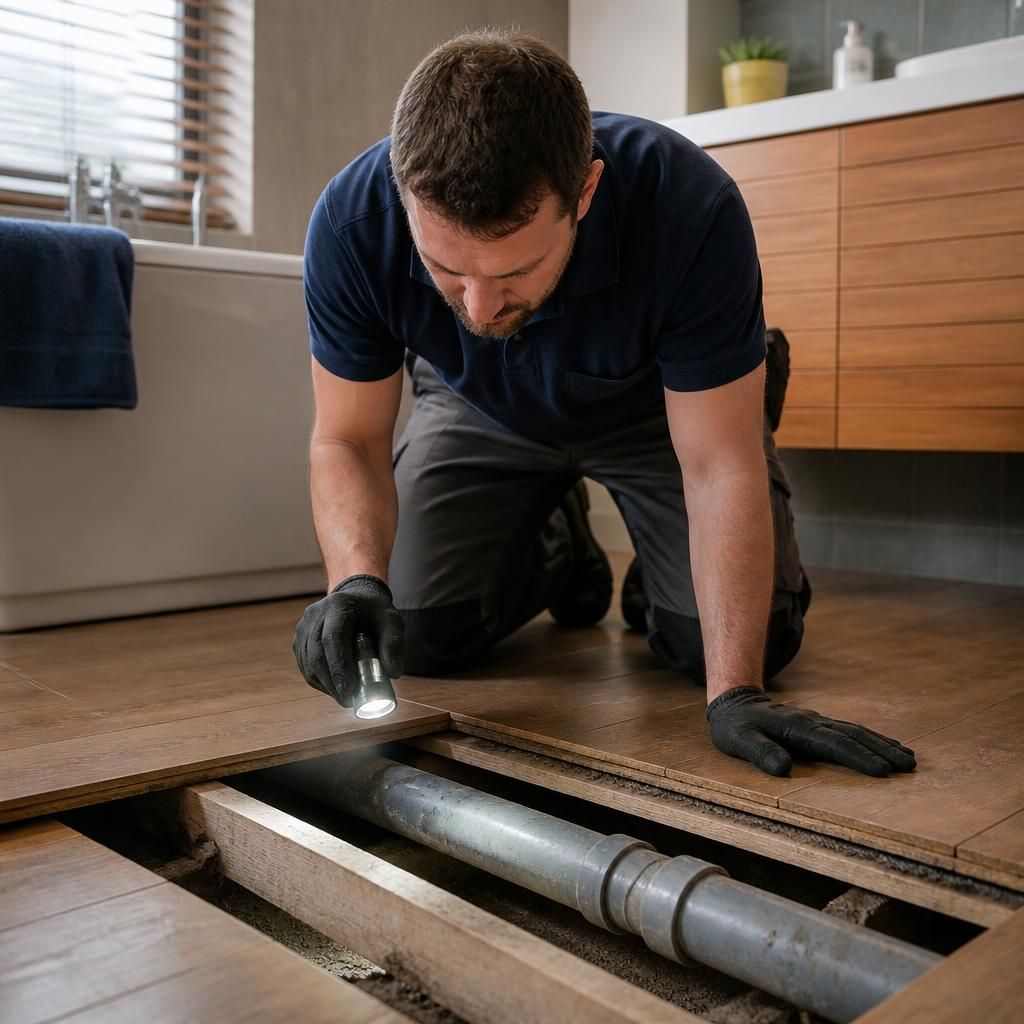Plumber inspecting an exposed drain pipe beneath a lifted floorboard