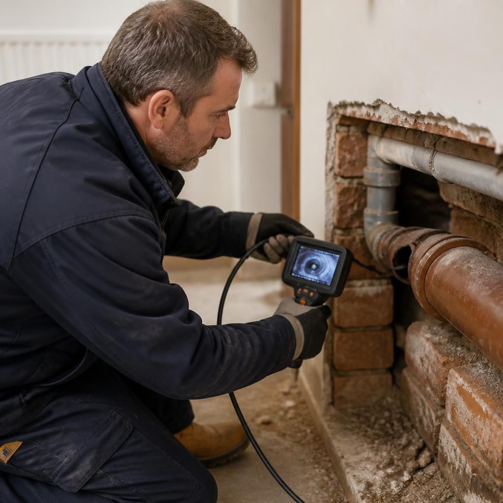 Plumber inspecting an exposed drain pipe with a camera