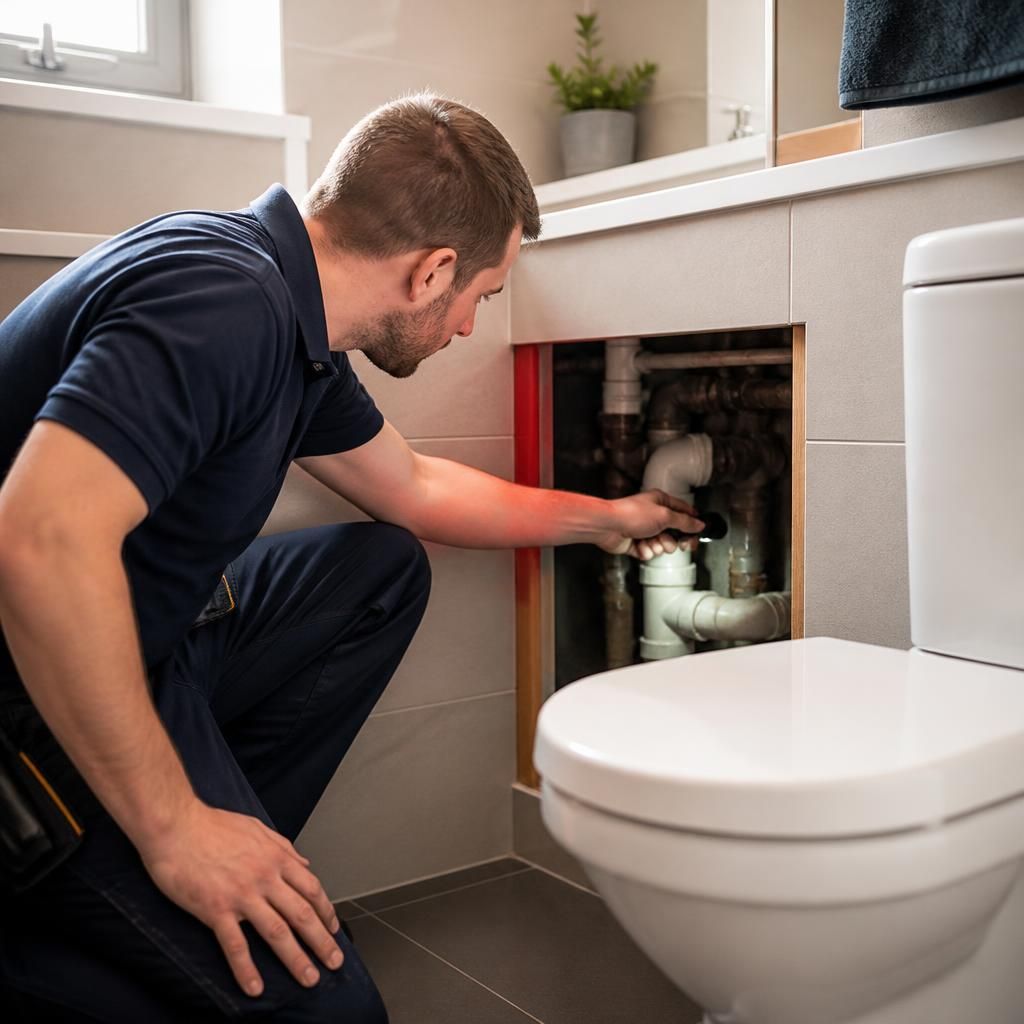 Plumber inspecting a drain pipe through a bathroom access panel